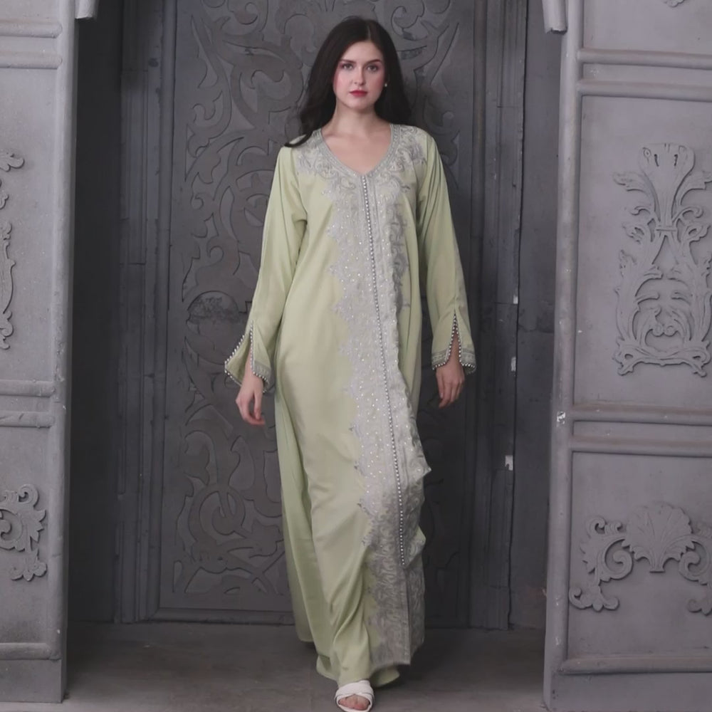 
                  
                    Load and play video in Gallery viewer, Intricate Silver Embroidery Dubai Kaftan Arabic Dress
                  
                