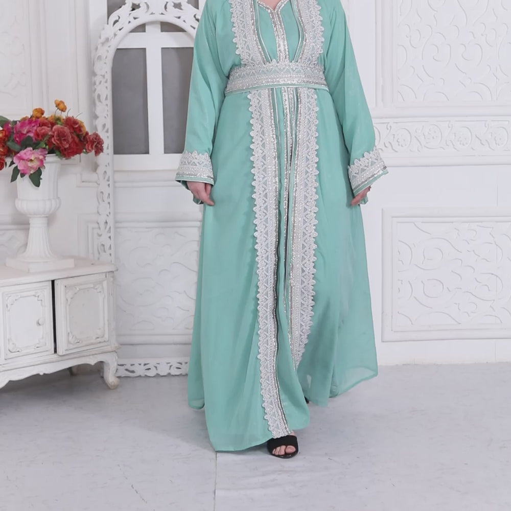 
                  
                    Load and play video in Gallery viewer, Moroccan Lace Jalabiya In Silver Embossed Foil Print
                  
                