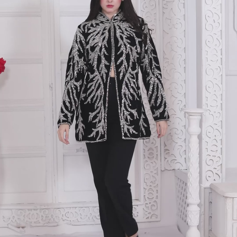 
                  
                    Load and play video in Gallery viewer, Designer Black Velvet Jacket with Silver Crystal Hand Embroidery &amp;amp; Cut Dana (Jacket only)
                  
                