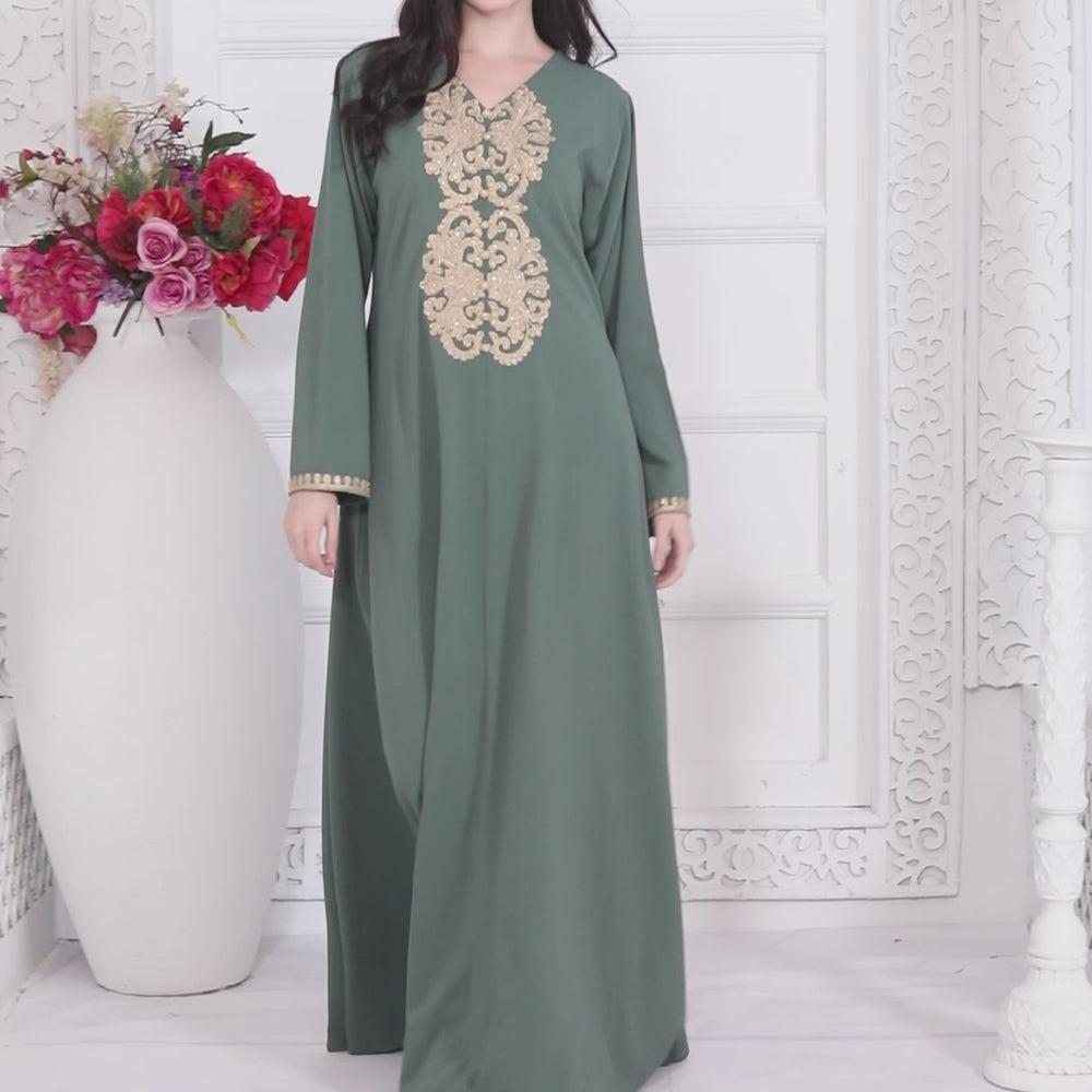 
                  
                    Load and play video in Gallery viewer, Gold Aari Embroidy Kaftan Jalabiya in Textured Green fabric
                  
                