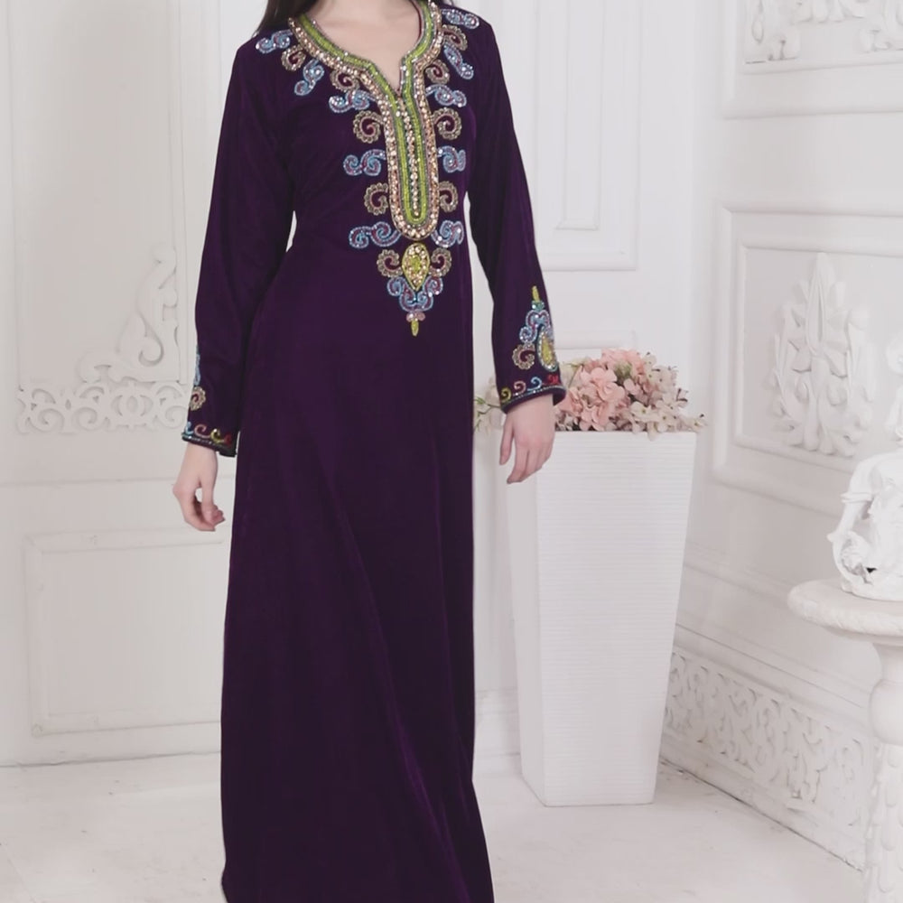 
                  
                    Load and play video in Gallery viewer, Velvet A-Line Kaftan With Colorful Crystals Hand Embroidery
                  
                