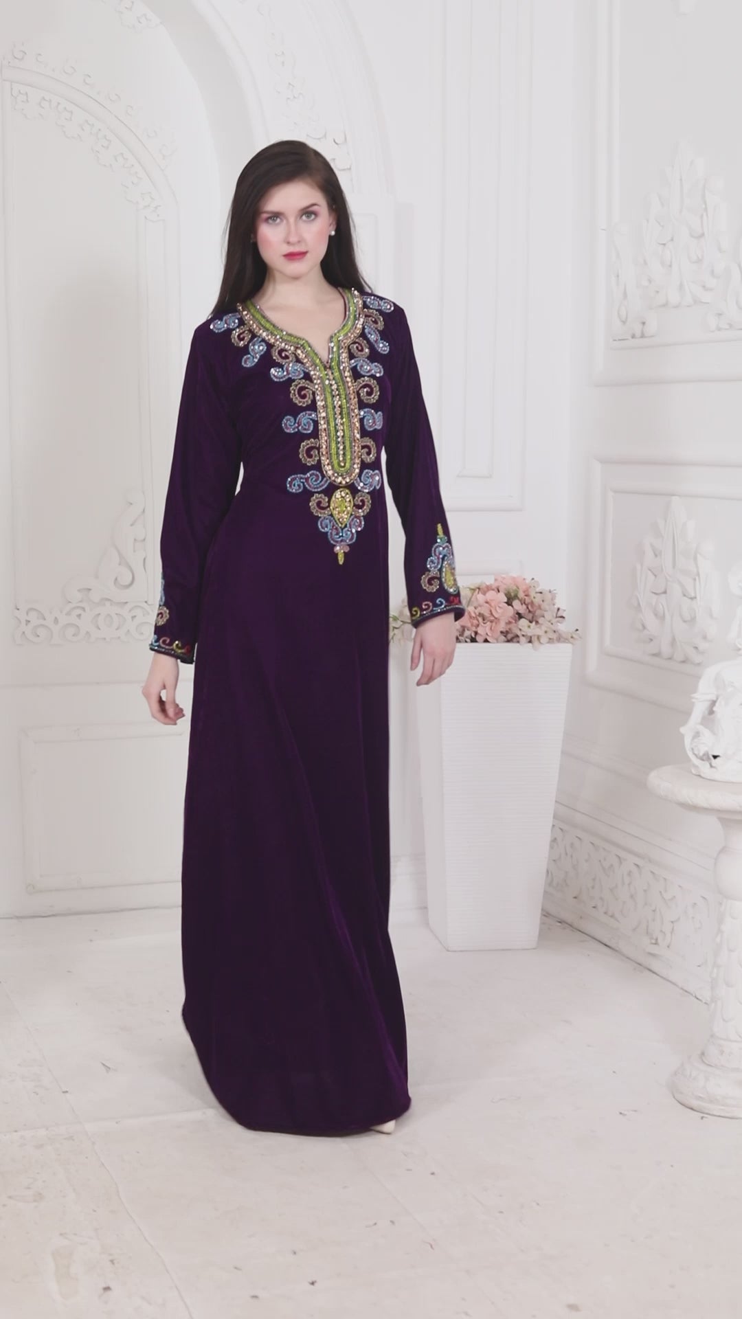 Velvet A-Line Kaftan With Colorful Crystals Hand Embroidery