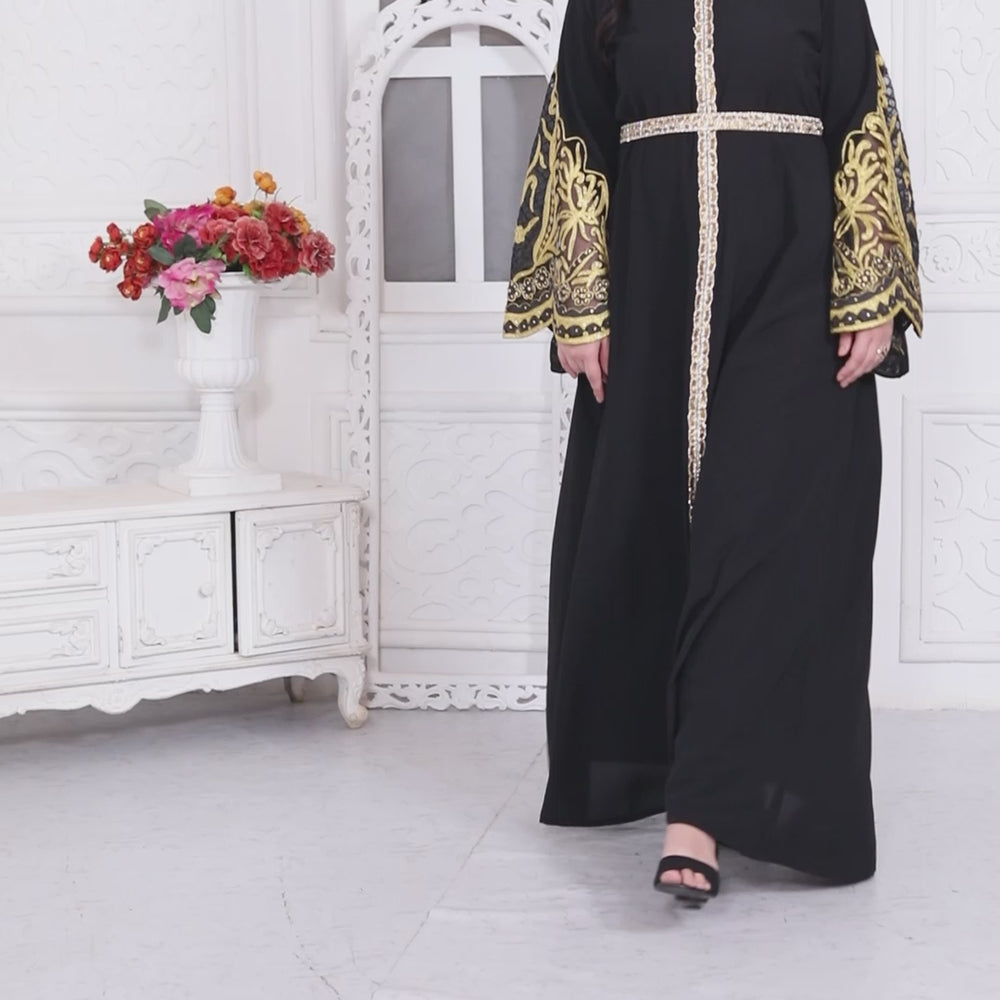 
                  
                    Load and play video in Gallery viewer, Big Flaired Sleeve Jalabiya With Golden Aari Embroidery
                  
                