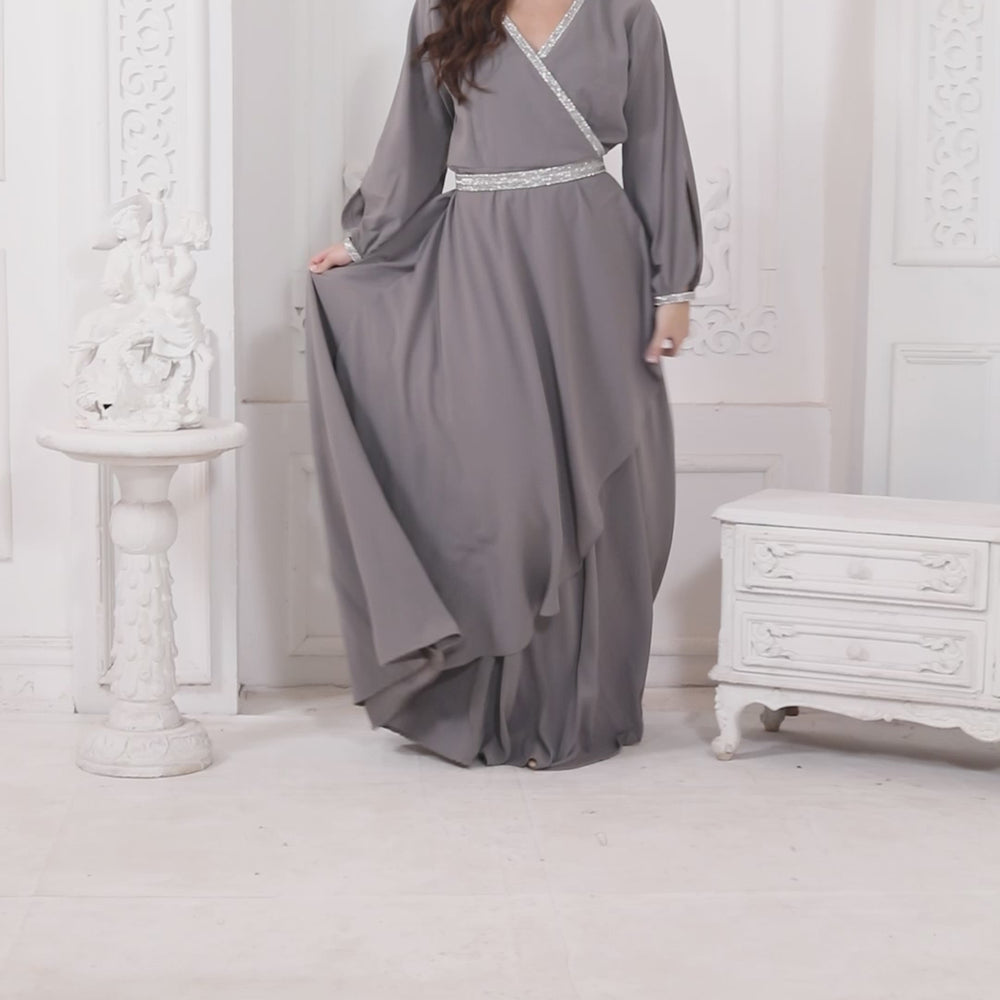 
                  
                    Load and play video in Gallery viewer, Minimalistic Designer Abaya in Grey Kaftan Dress
                  
                