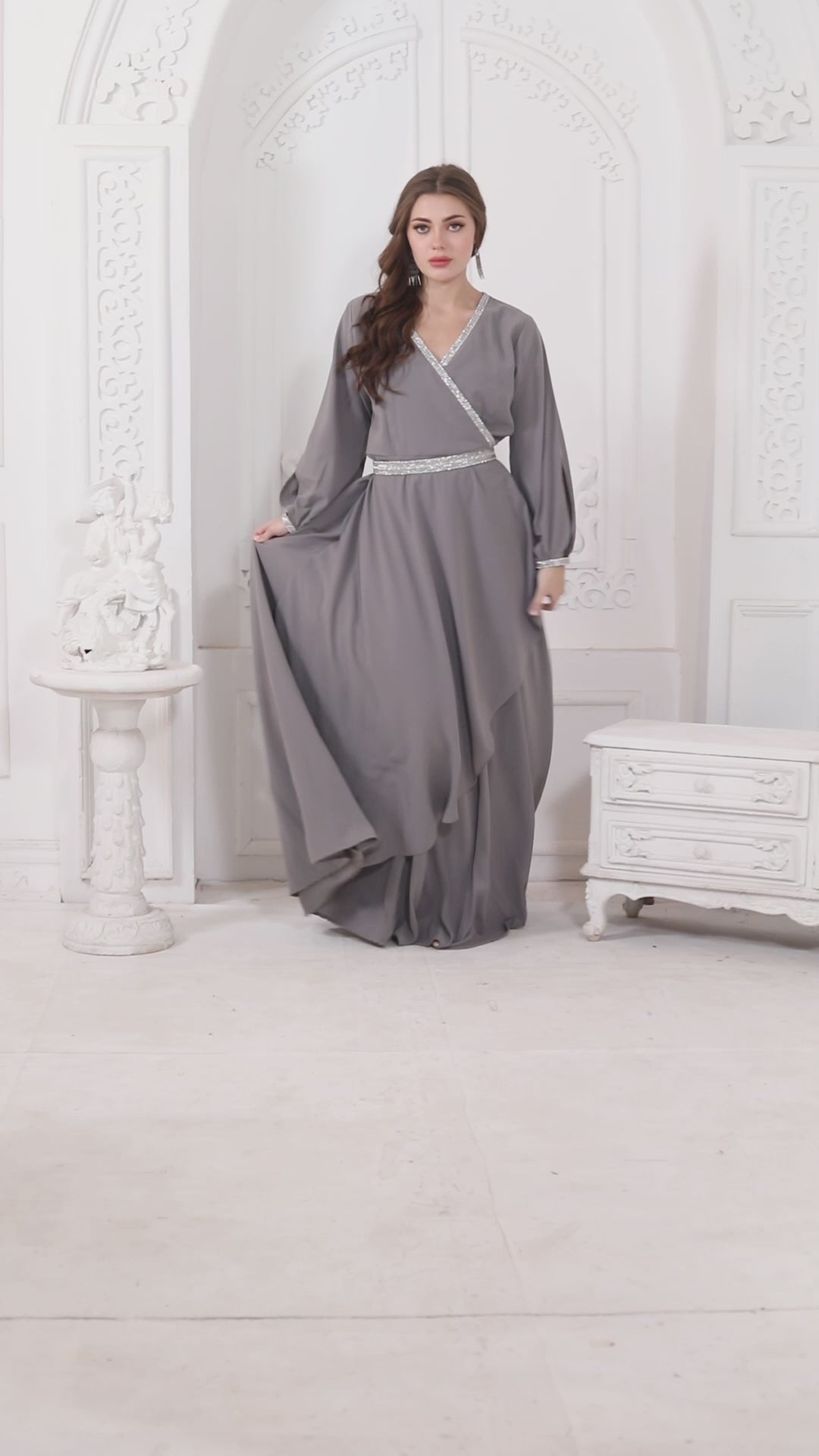 Minimalistic Designer Abaya in Grey Kaftan Dress