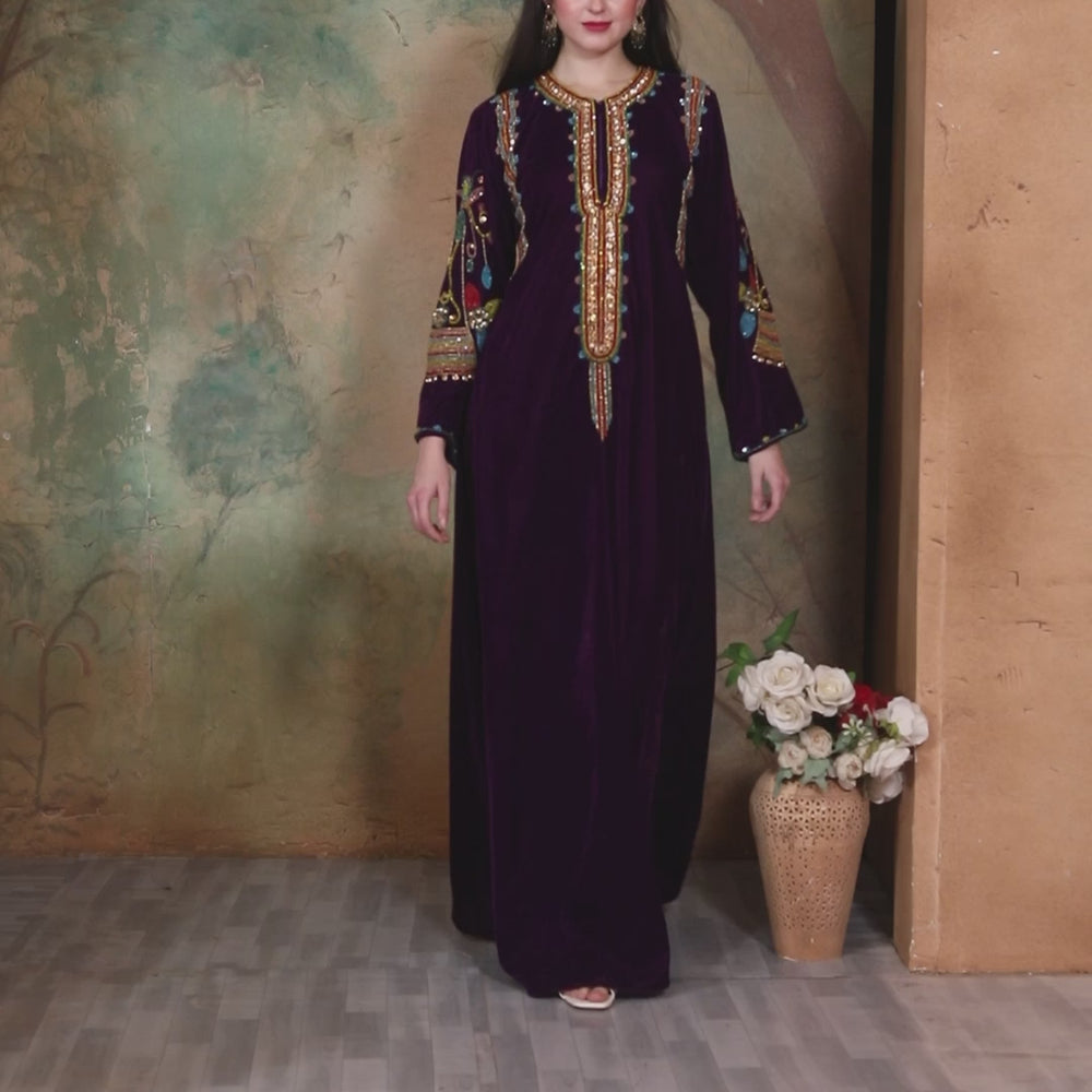 
                  
                    Load and play video in Gallery viewer, Designer Velvet Kaftan with Multicolor Embroidered Sleeves by Maxim Creation
                  
                