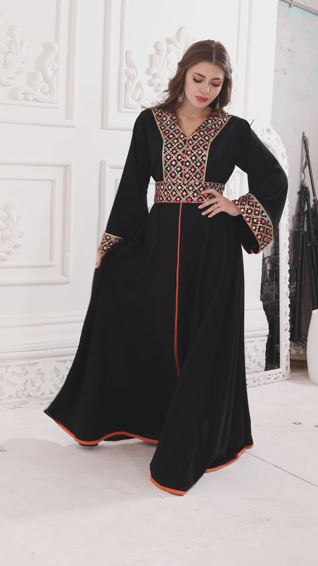 Intricate Embroidery V Neck Jalabiya Dress with Shining Foil Finish