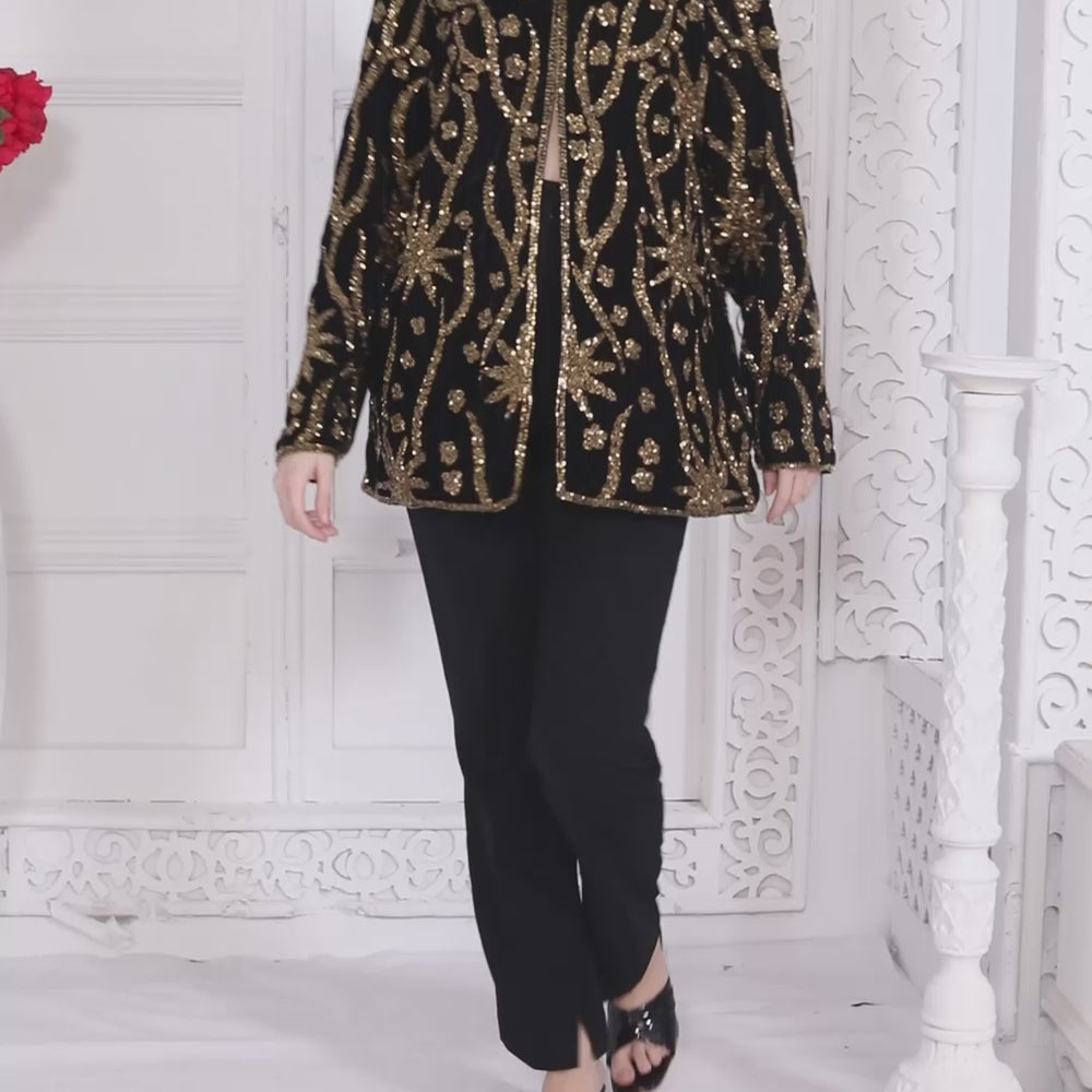 
                  
                    Load and play video in Gallery viewer, Designer Black Velvet Jacket with Golden Hand Embroidery (Top only)
                  
                