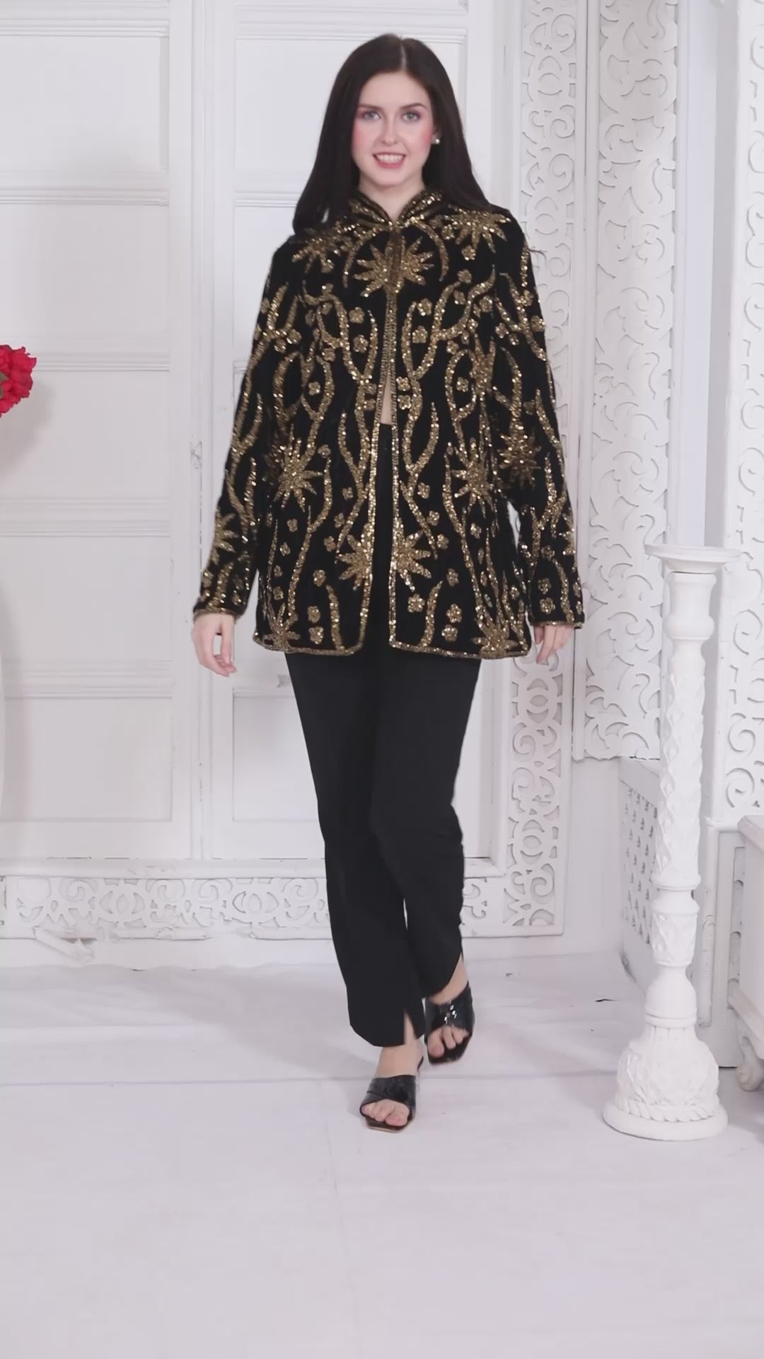 Designer Black Velvet Jacket with Golden Hand Embroidery (Top only)