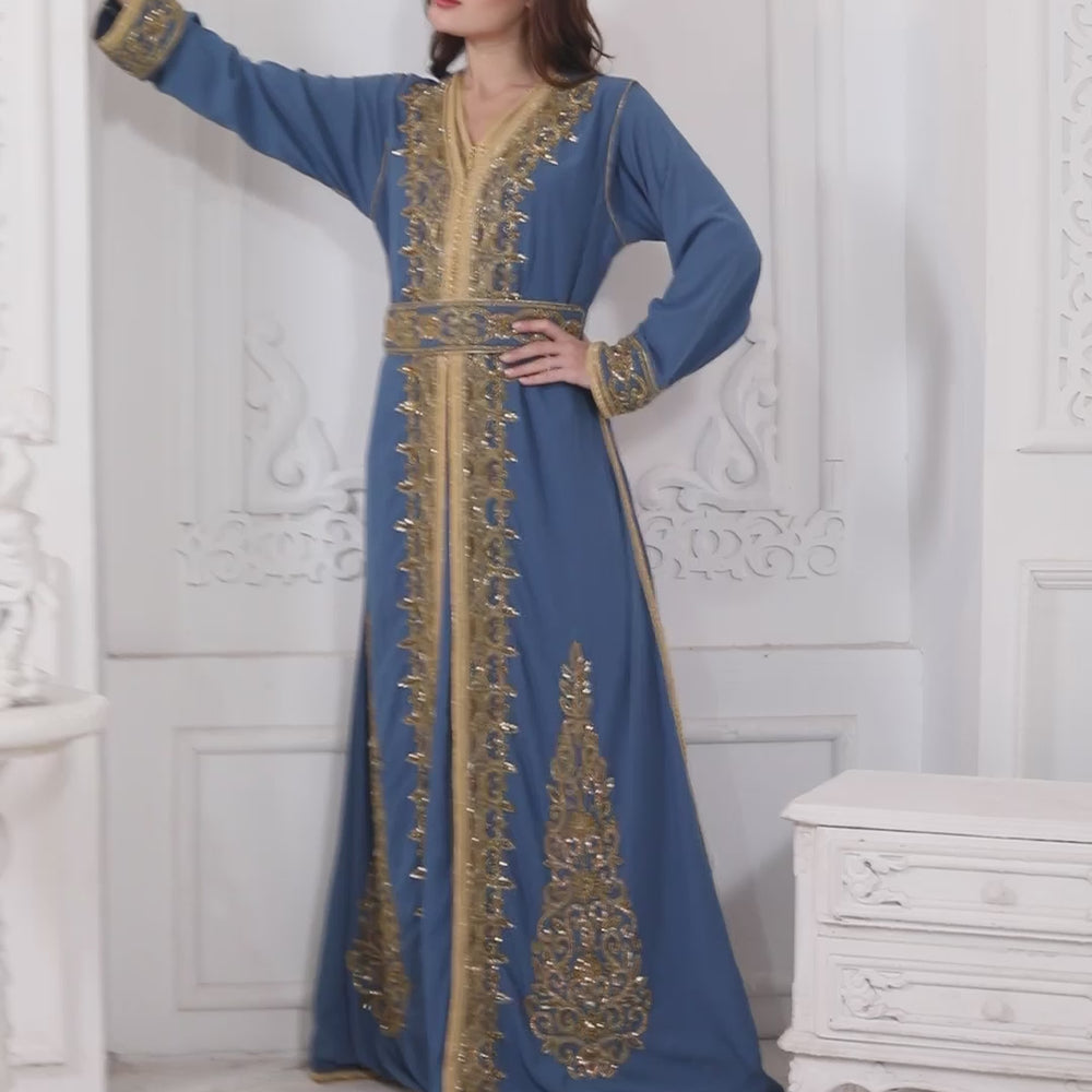 
                  
                    Load and play video in Gallery viewer, Crystal Embroidery Moroccan Caftan Takchita in a 3 Piece set with Belt
                  
                