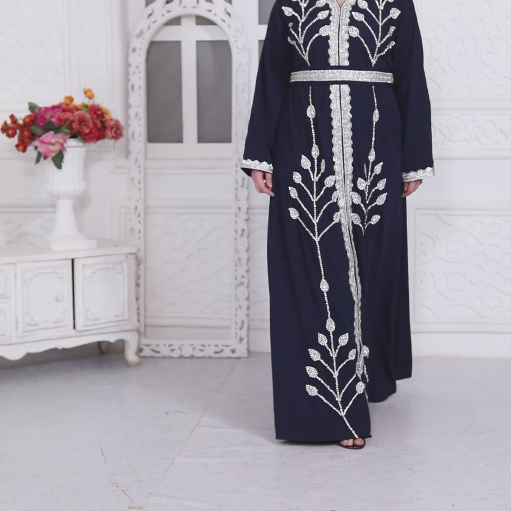 
                  
                    Load and play video in Gallery viewer, Navy Blue Kaftan With Hand Embroidery And Cut Dana
                  
                