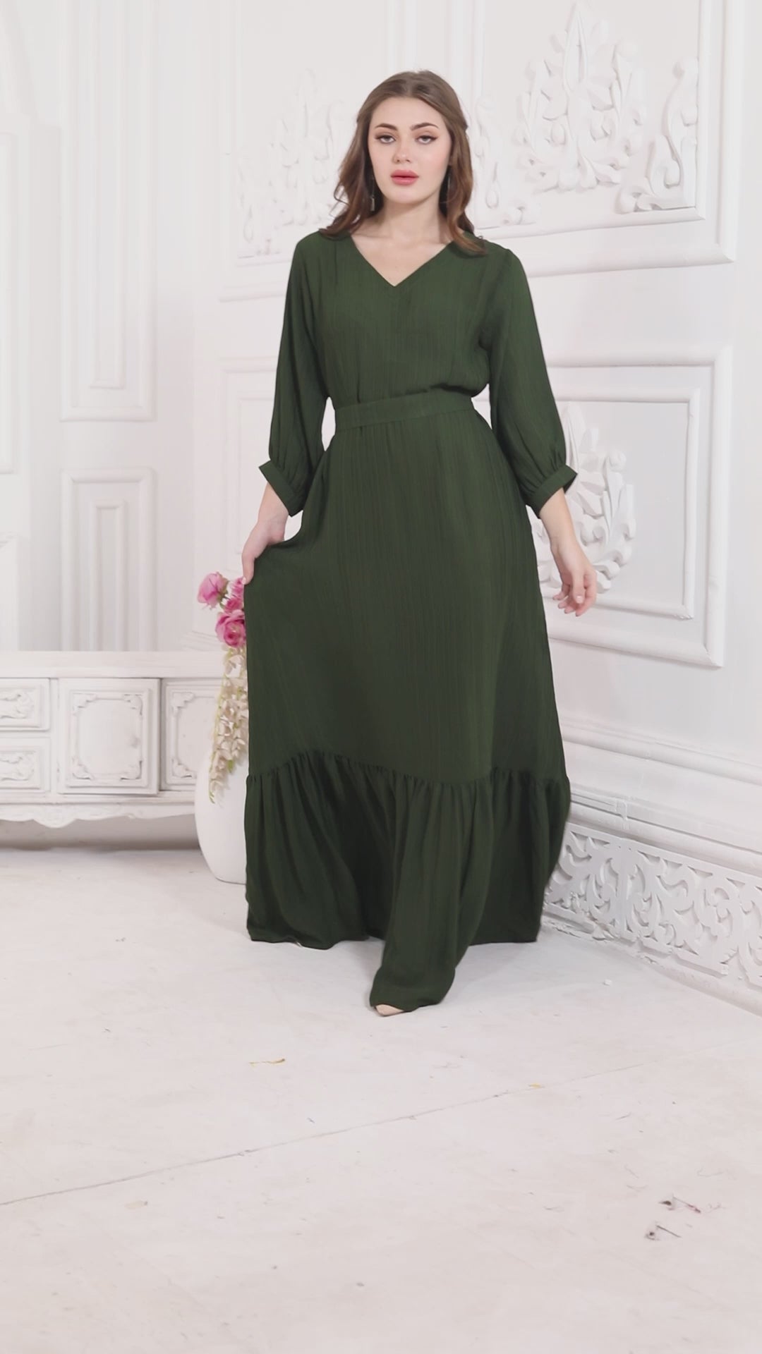 Classic Partywear Dark Green Dress with Bottom Frills