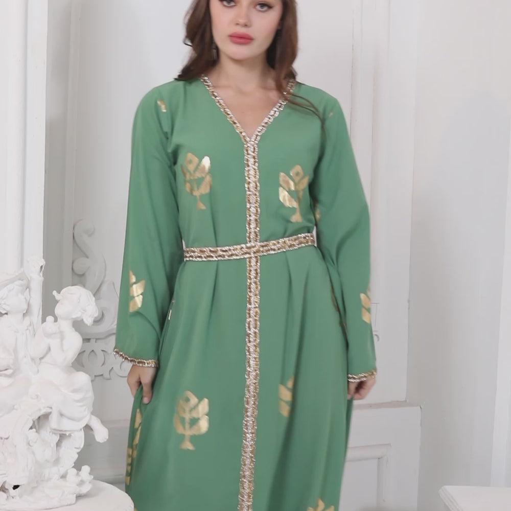 
                  
                    Load and play video in Gallery viewer, Moss Green Block Print Long Gown Kaftan
                  
                