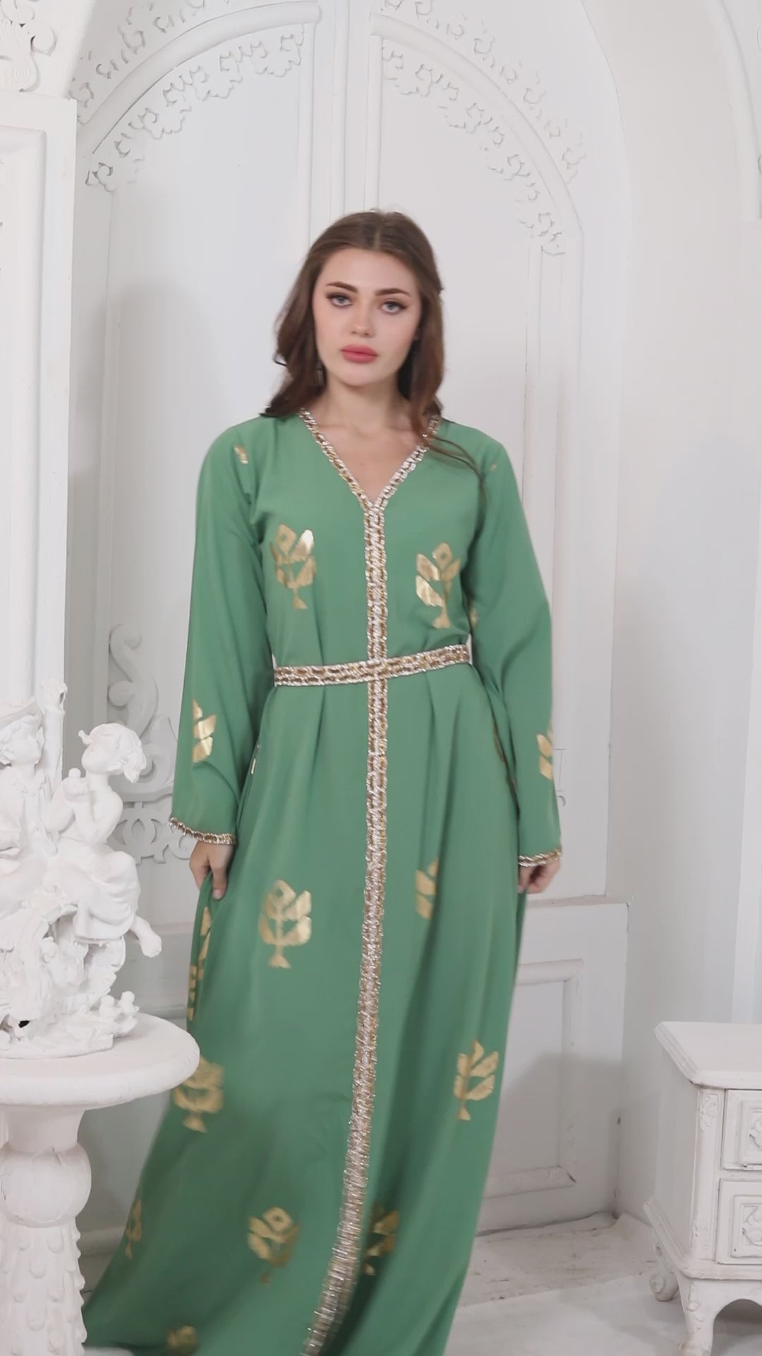 Moss Green Block Print Long Gown Kaftan