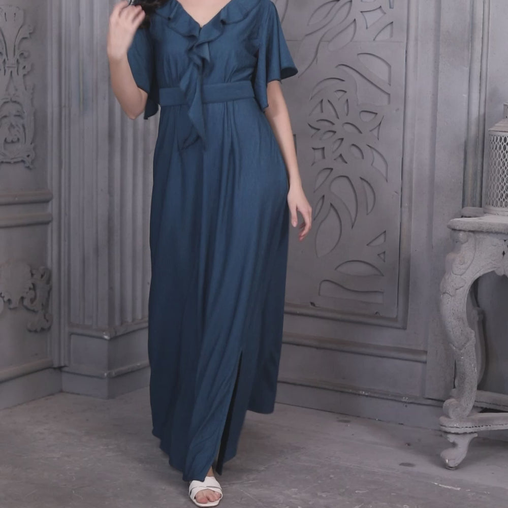 
                  
                    Load and play video in Gallery viewer, Half Sleeve Dress with Frills in Deep Smoky Blue Textured fabric
                  
                