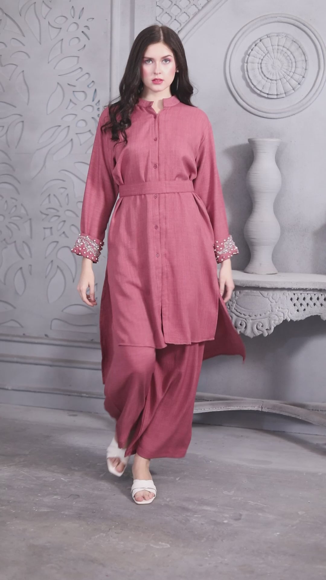 Modest Co-ord Set in Magenta Pink with Hand Embroidery