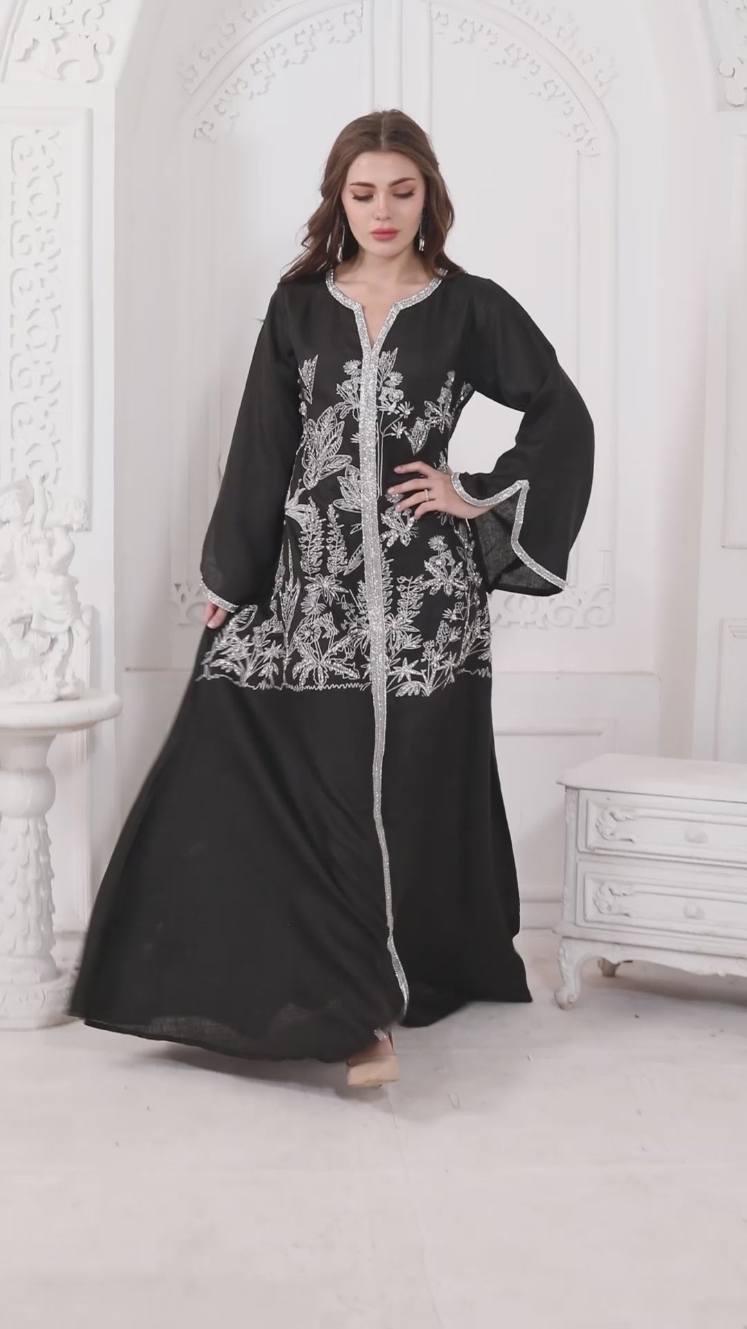 Black A Line Floral Dubai Style Kaftan with Block Print