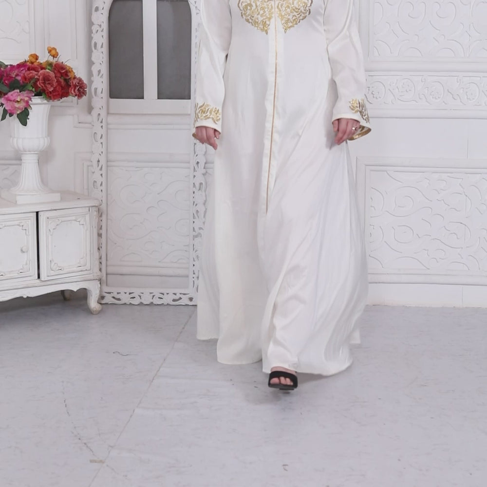 
                  
                    Load and play video in Gallery viewer, Royal Kaftan Dress In White With Gold Threadwork Embroidery
                  
                