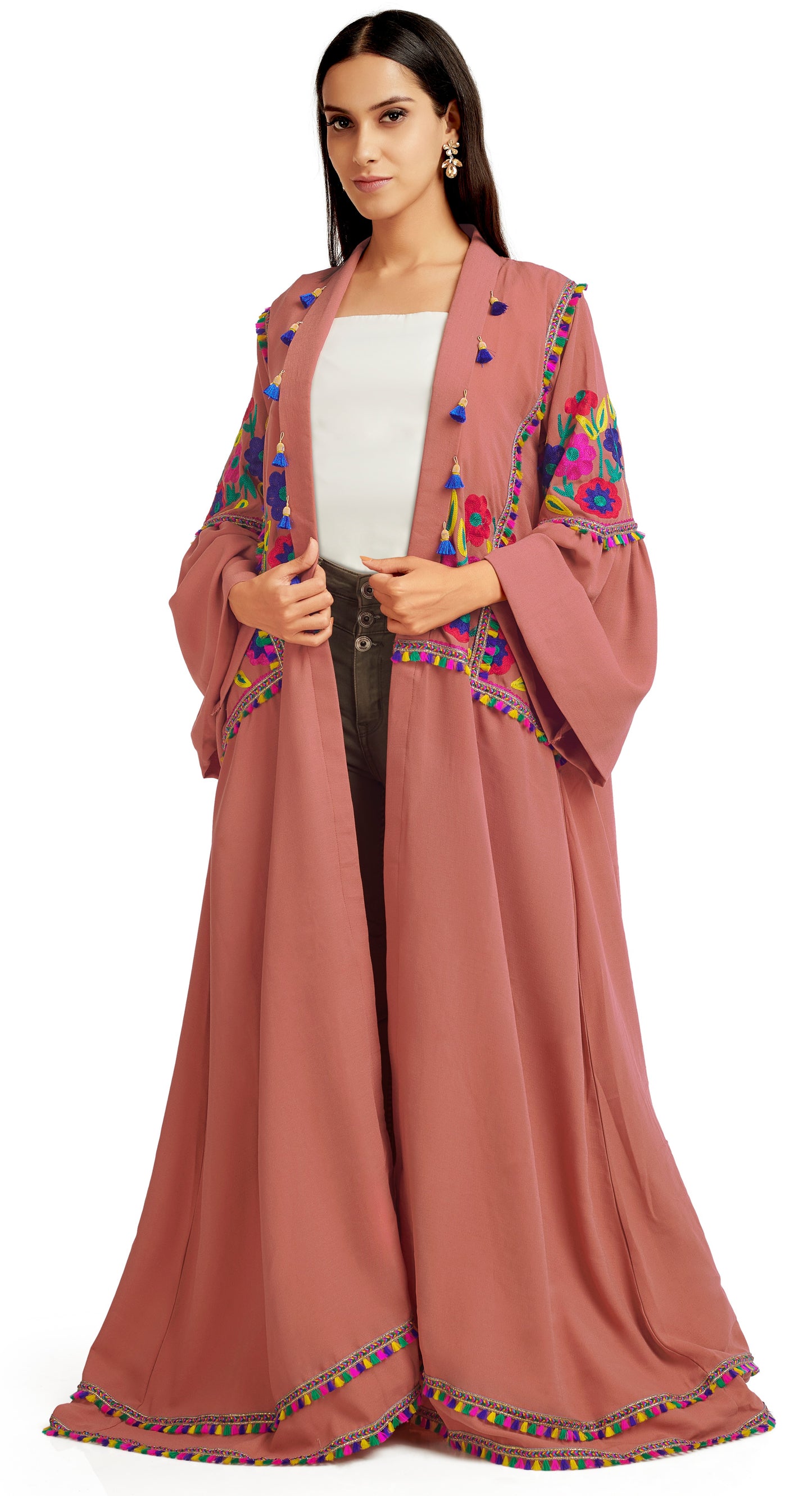 Multipurpose Long Cardigan in Rusty Pink with Colorful embroidery - Maxim Creation