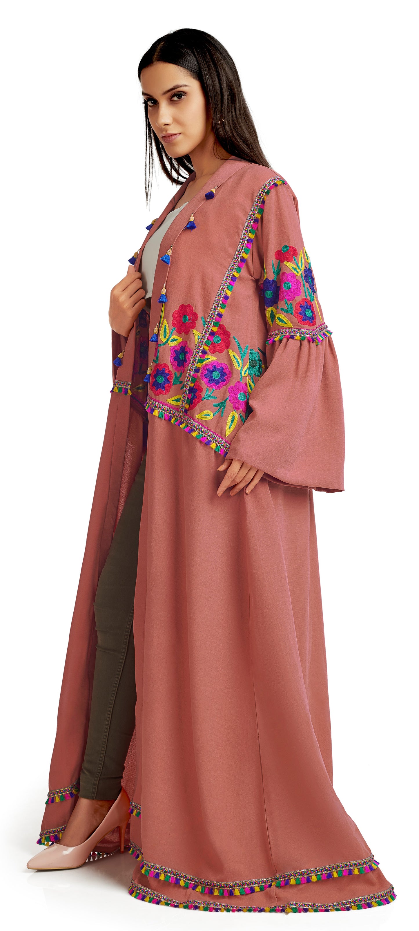 Multipurpose Long Cardigan in Rusty Pink with Colorful embroidery - Maxim Creation