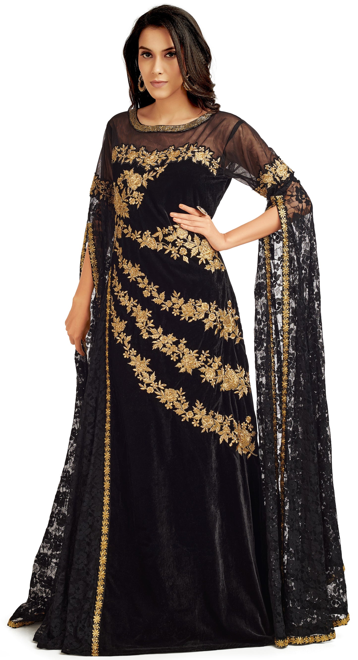 Black Velvet Party Gown with Long Sleeve - Maxim Creation