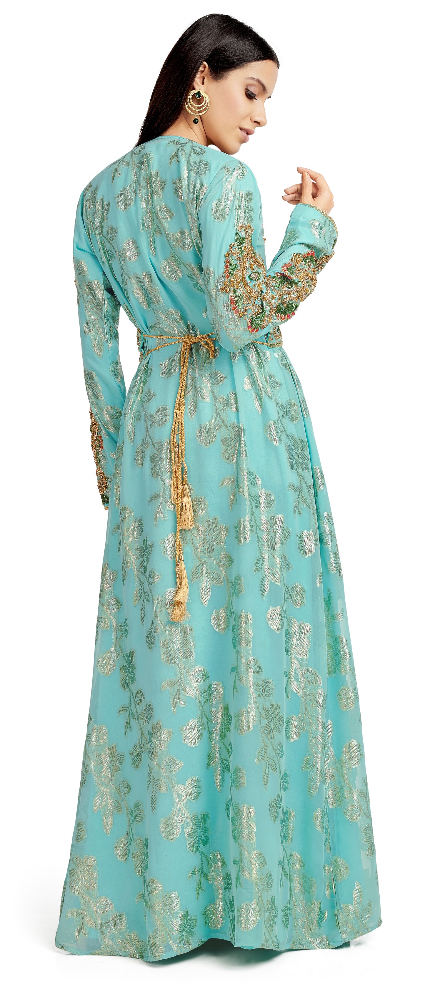 Crystal Hand work Kaftan on Turquoise Embossed Brasso - Maxim Creation