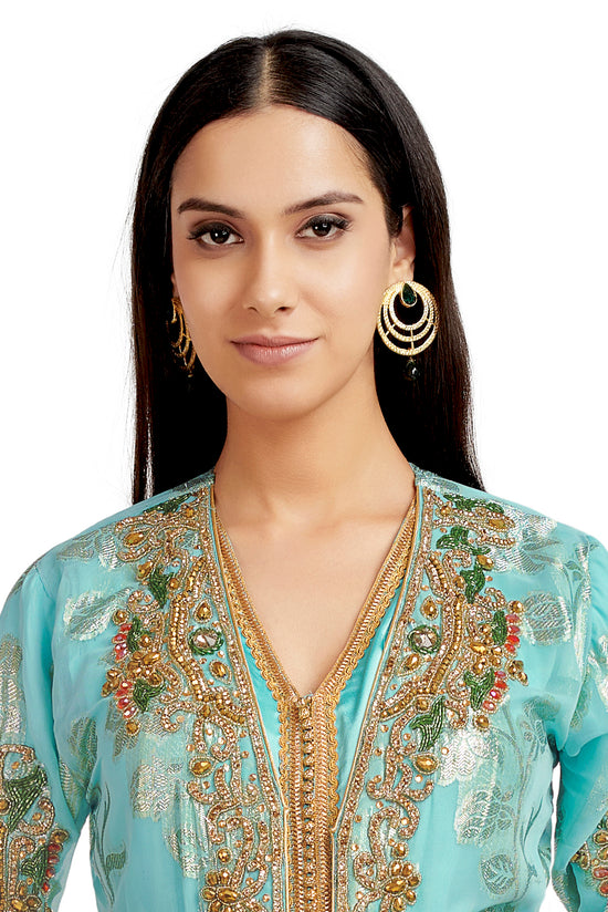 Crystal Hand work Kaftan on Turquoise Embossed Brasso - Maxim Creation