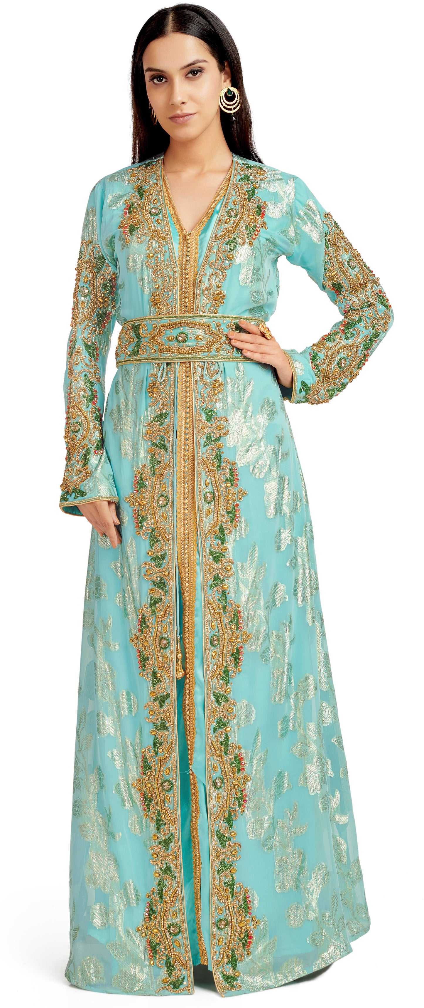 Crystal Hand work Kaftan on Turquoise Embossed Brasso - Maxim Creation