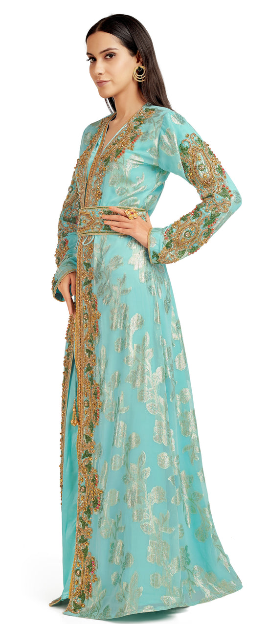 Crystal Hand work Kaftan on Turquoise Embossed Brasso - Maxim Creation