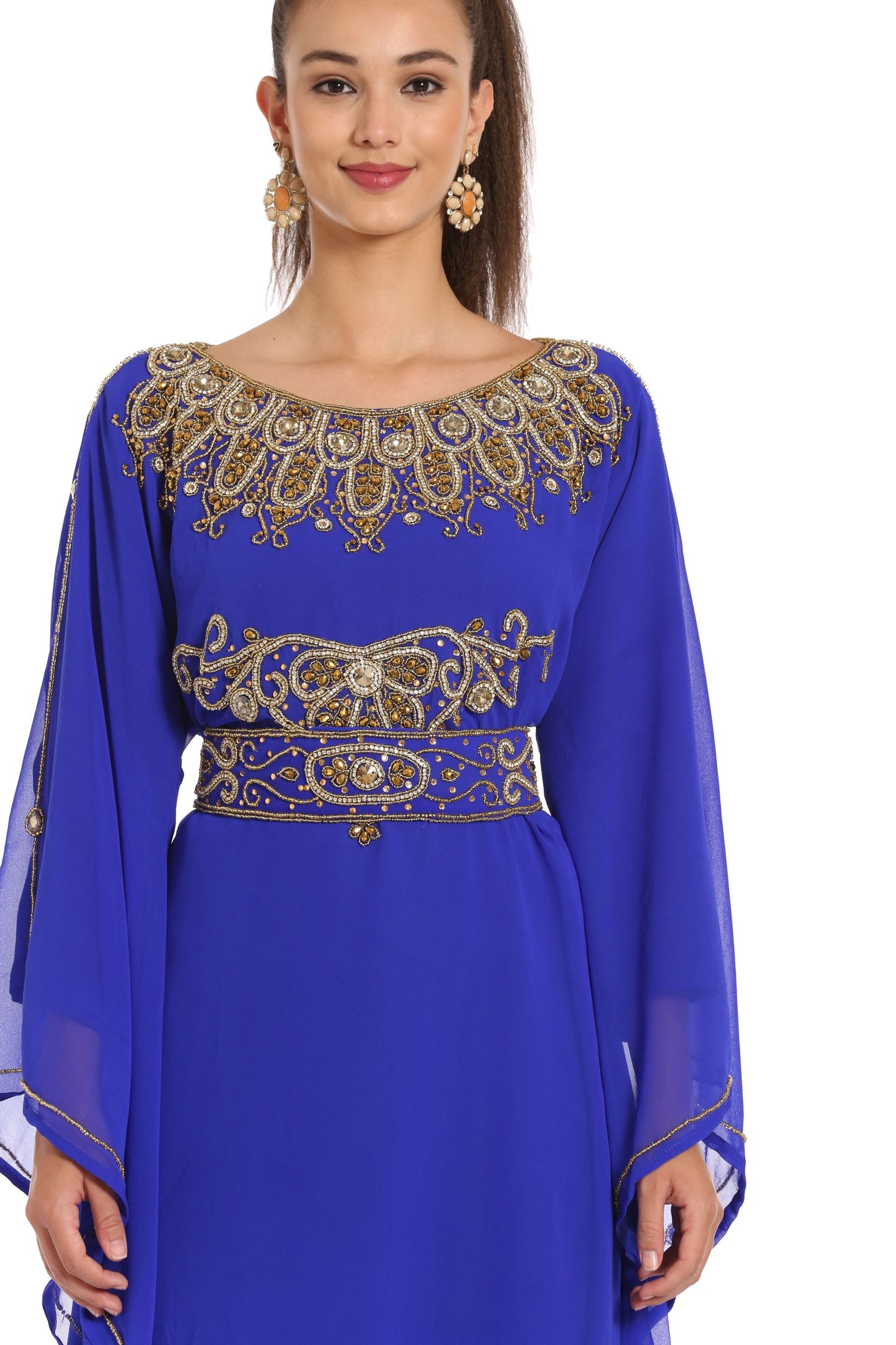 Royal Blue Maxi Gown Embroidered Arabian Kaftan Dress - Maxim Creation