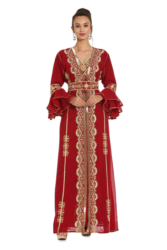 Designer Takchita Kaftan Handicraft Dress with Long Bell Sleeve - Maxim Creation