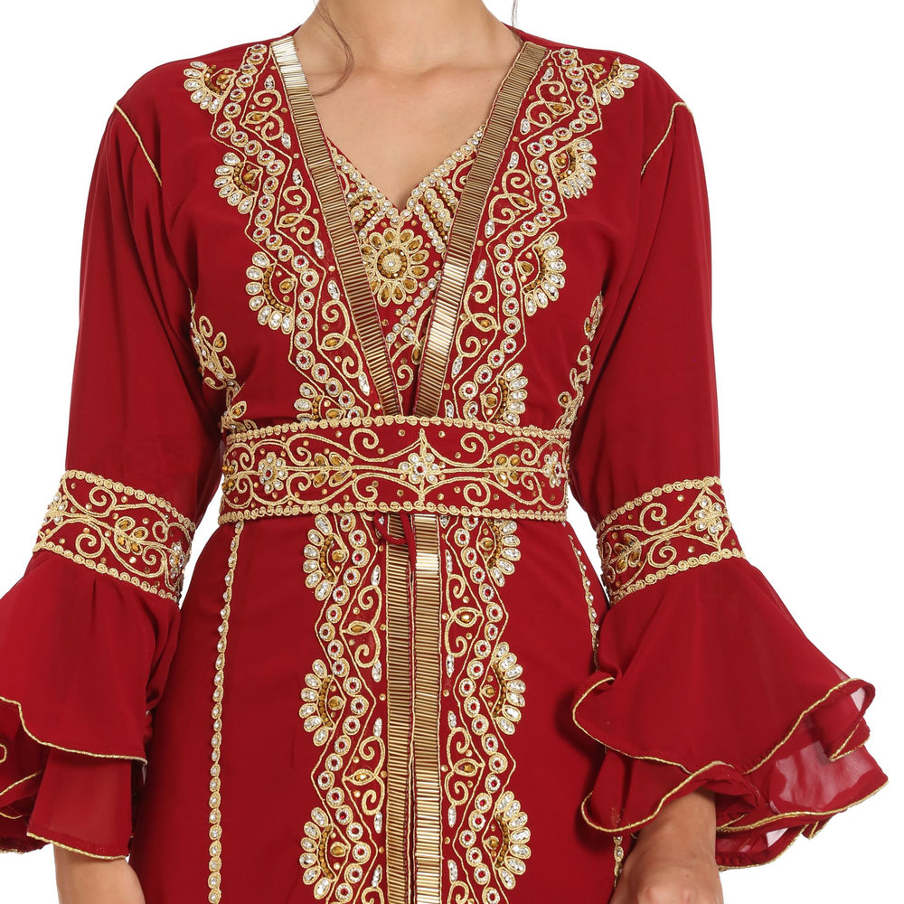 Designer Takchita Kaftan Handicraft Dress with Long Bell Sleeve - Maxim Creation