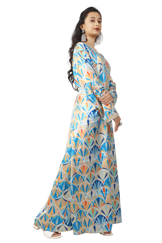 Dubai Farasha Kaftan Satin Flower Print Evening Tea Party Gown - Maxim Creation