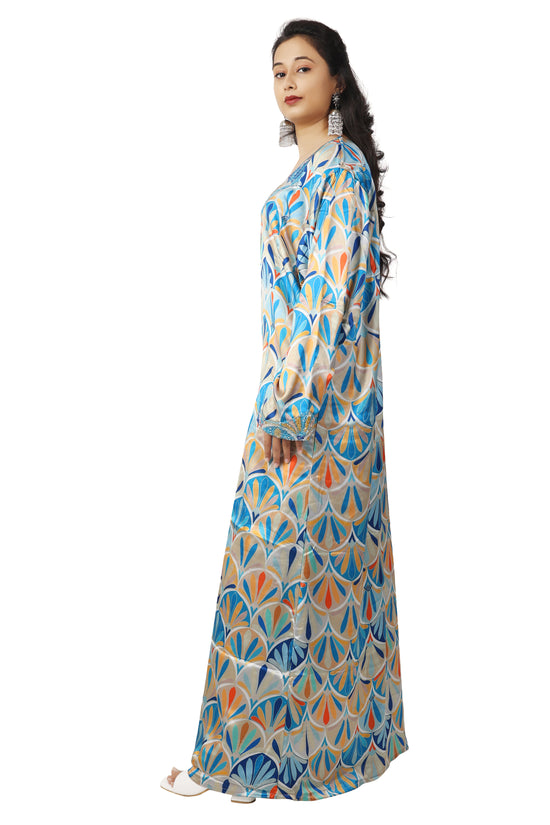 Dubai Farasha Kaftan Satin Flower Print Evening Tea Party Gown - Maxim Creation