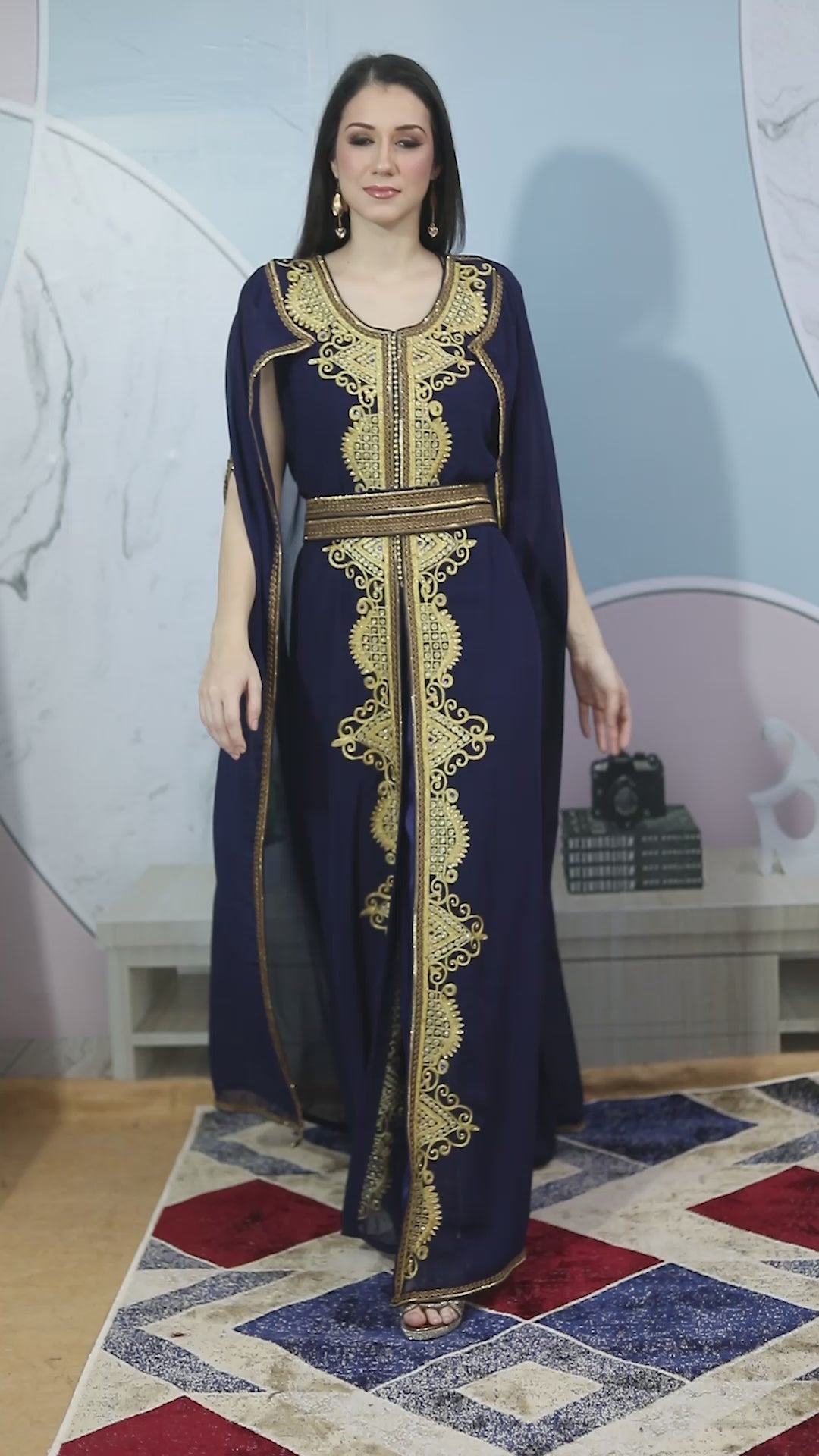 Load and play video in Gallery viewer, Navy Blue Karakou Algerian Caftan Mermaid Gown
