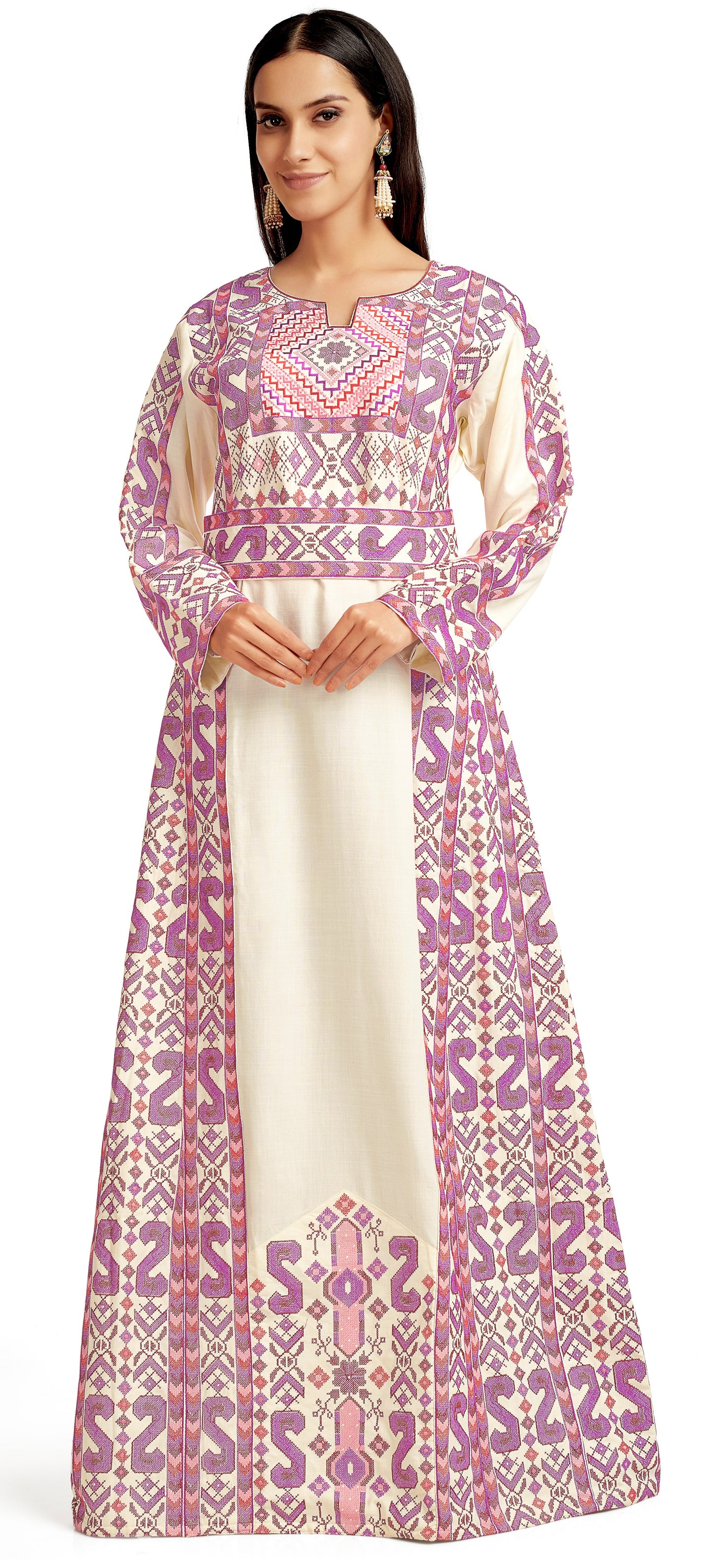 Palestine Pink Cross Stitch Threadwork Kaftan - Maxim Creation