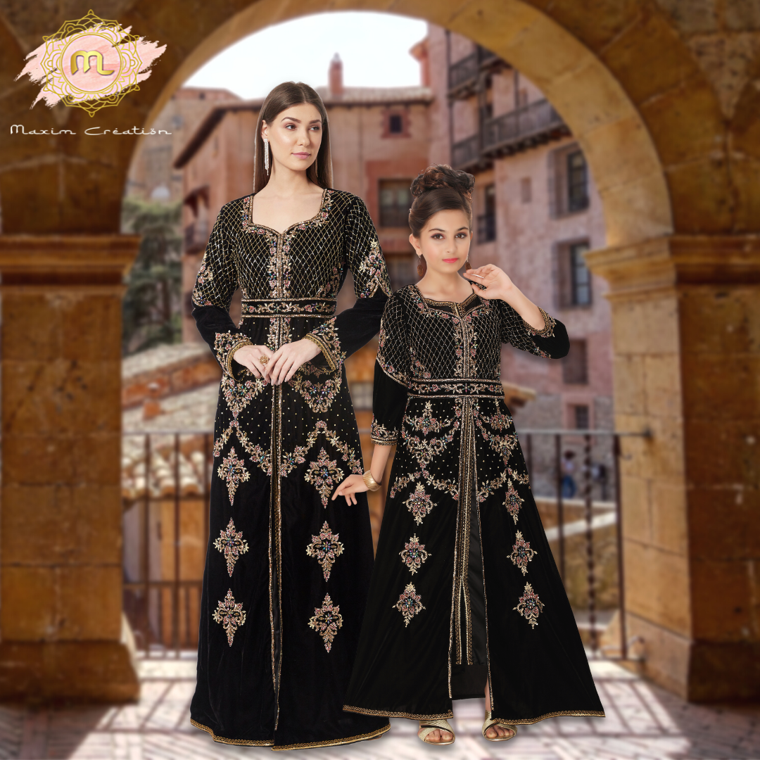 Takchita Caftan Black Velvet Wedding Gown Mother + Daughter Combo Set - Maxim Creation