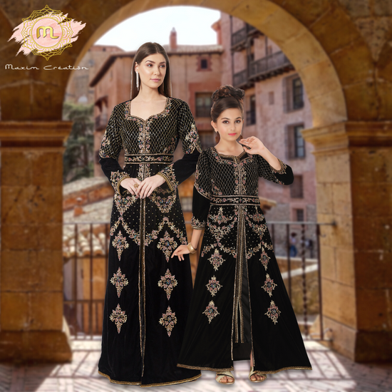 Takchita Caftan Black Velvet Wedding Gown Mother + Daughter Combo Set - Maxim Creation