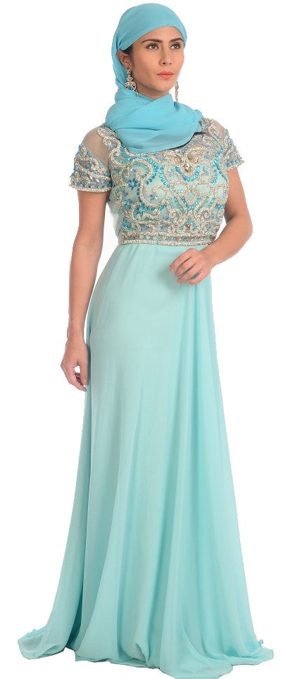 SHORT SLEEVE PROM DRESS SKY BLUE MAXI - Maxim Creation