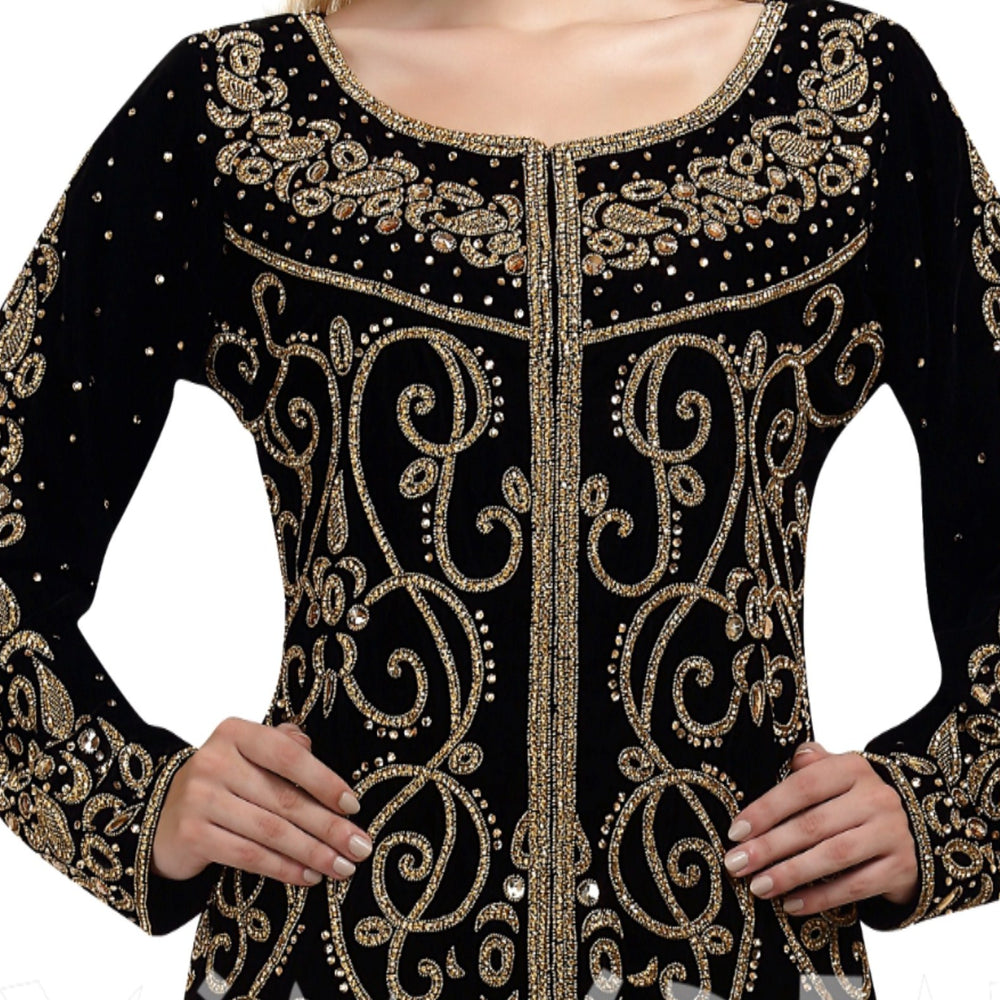 Embroidered Kaftan in Black-Maroon Velvet Fabric Takchita Gown - Maxim Creation