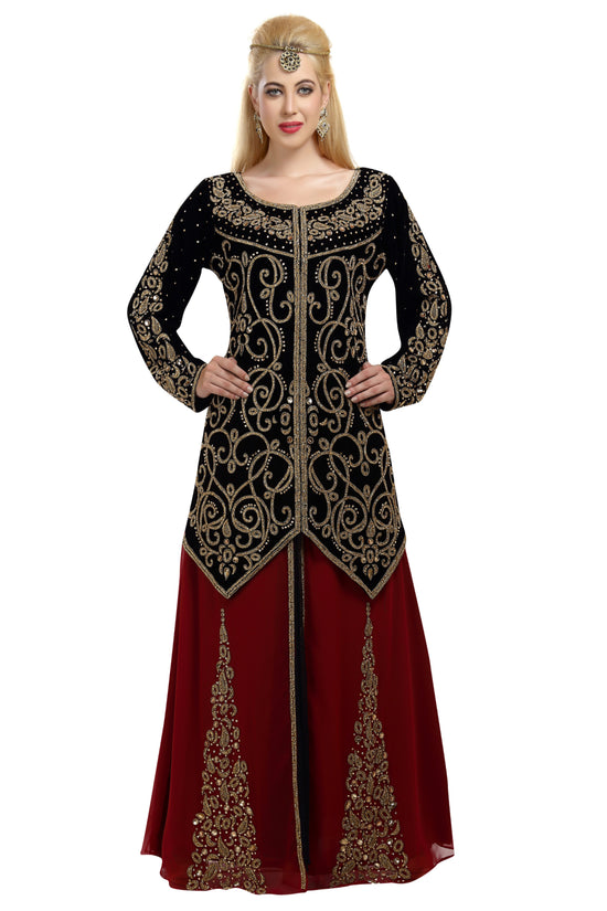 Embroidered Kaftan in Black-Maroon Velvet Fabric Takchita Gown - Maxim Creation