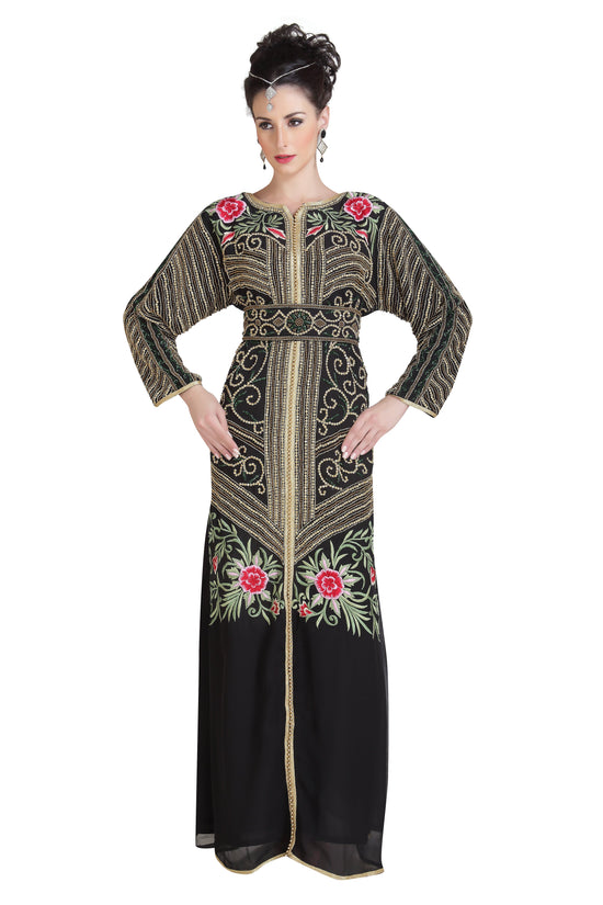 Djellaba Kaftan With Floral Zari Embroidery - Maxim Creation