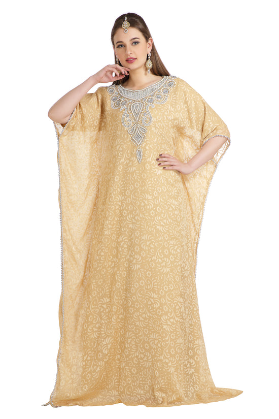 Party Caftan in Beige Brasso Printed Maxi Gown - Maxim Creation