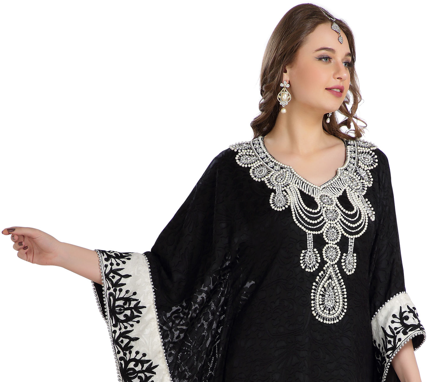 Dubai Kaftan With Embossed Fabric Printed Brasso & Silver Hand Work Abaya - Maxim Creation