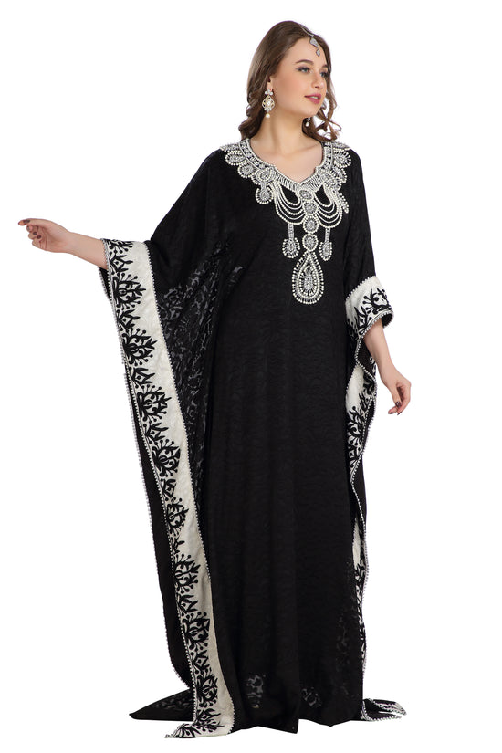 Dubai Kaftan With Embossed Fabric Printed Brasso & Silver Hand Work Abaya - Maxim Creation