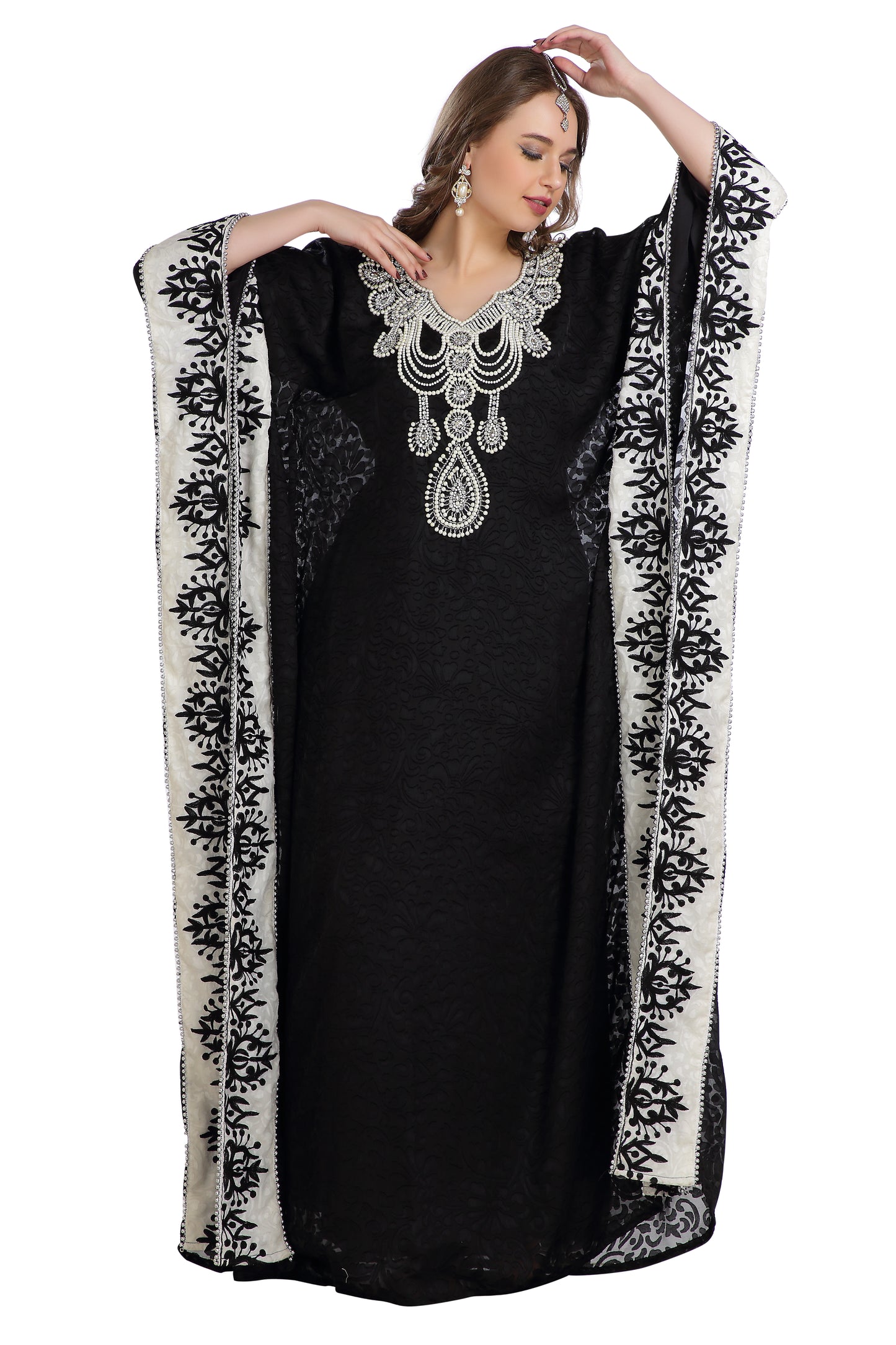 Dubai Kaftan With Embossed Fabric Printed Brasso & Silver Hand Work Abaya - Maxim Creation