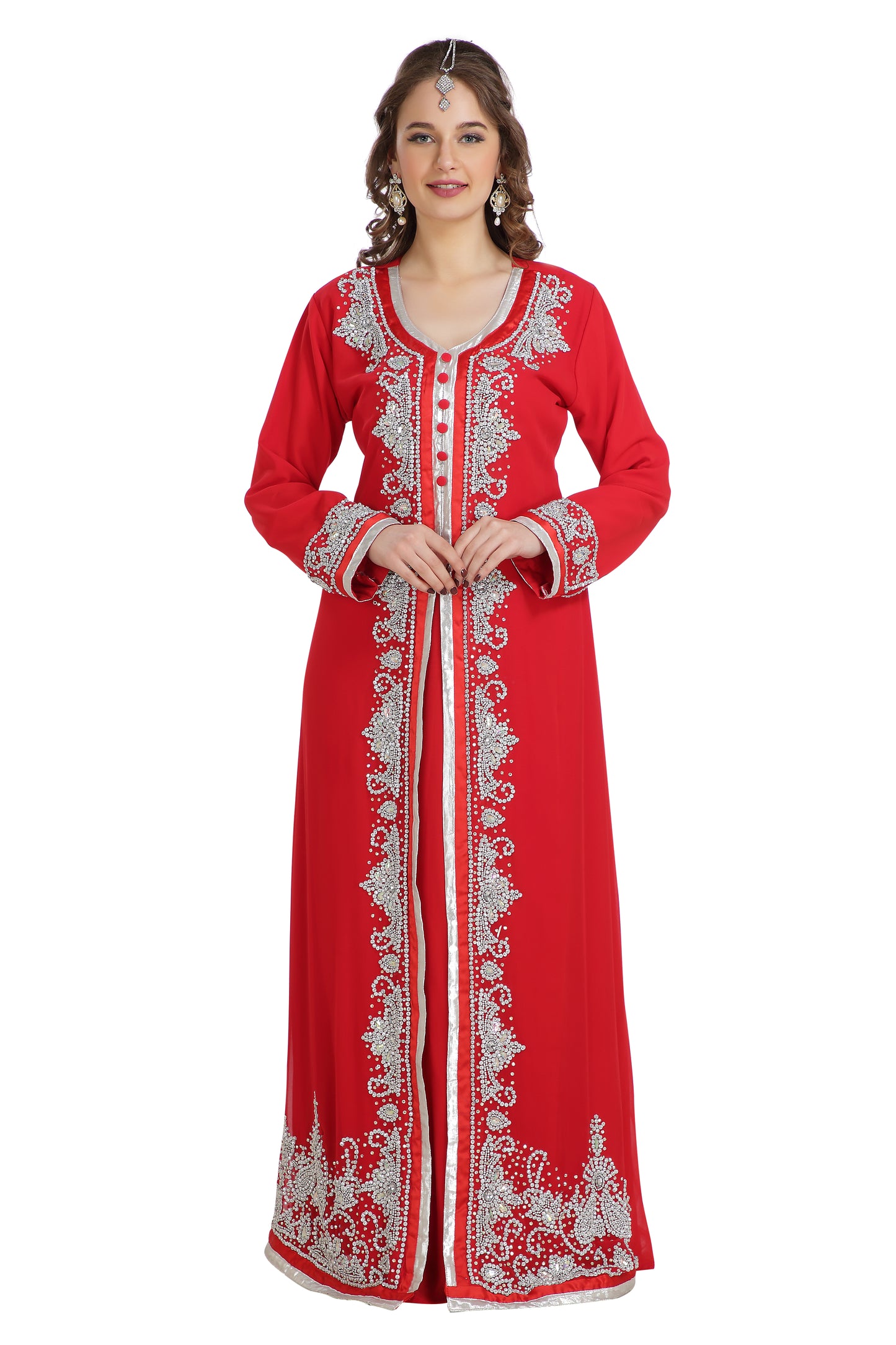 Moroccan Caftan With Lace Embroidered French Takchita - Maxim Creation