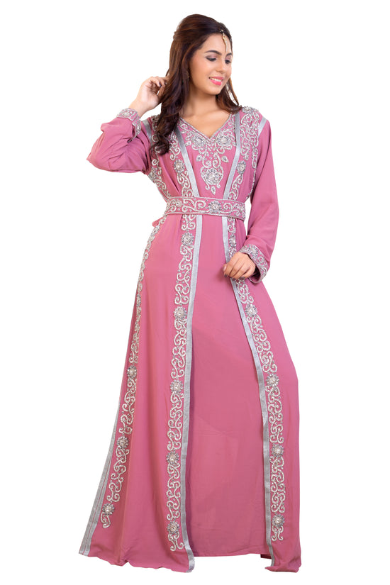 Embroidered Maxi Dress with Crystal Stones Beaded Dubai Kaftan - Maxim Creation