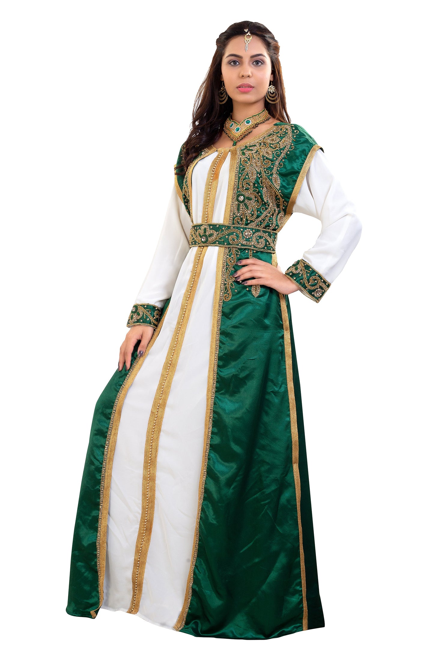 Arabian Gown in Emerald Green 3 piece Satin Niqah Dress - Maxim Creation