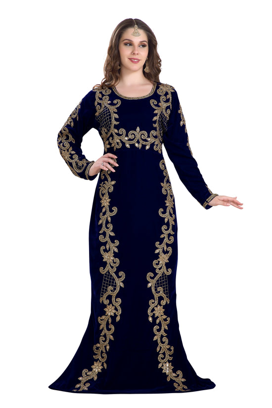 Fishcut Gown Navy Blue Velvet Crystal Moroccan Kaftan - Maxim Creation